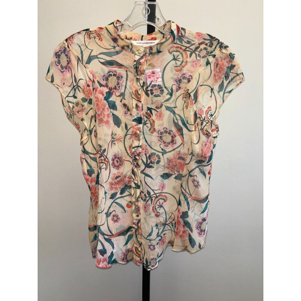 Diane von Furstenberg Peach Sheer Floral Short Sleeve Silk Shirt Size 10 #38575